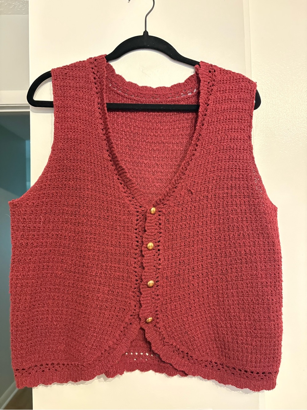 Crocheted Sleeveless Button Vest in Deep Rose